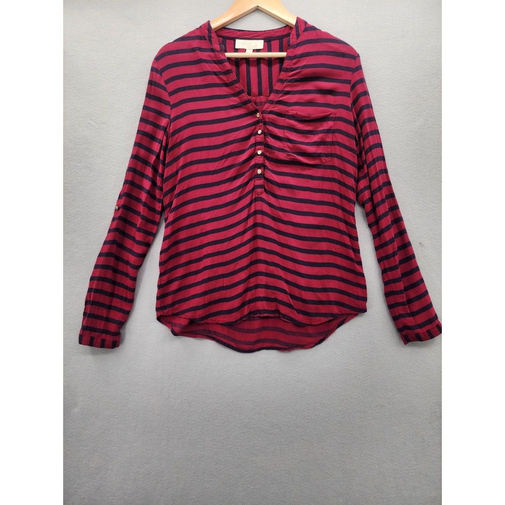 Olive & Oak‎ Striped Henley Blouse Red Navy Blue Roll Tab Sleeve Top Small